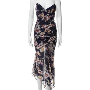 NICHOLAS Silk Chiffon Navy Floral Ruched Midi Dress Gown NEW - XS